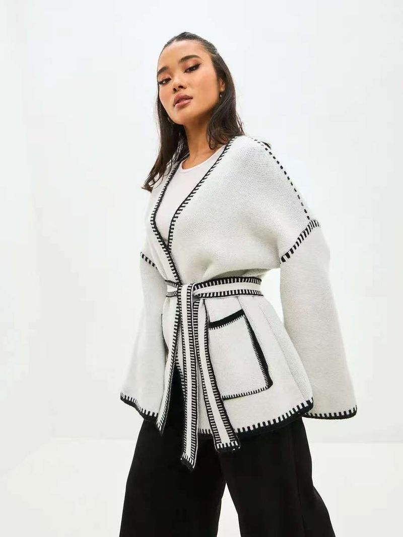 Elegant Belted Knit Cardigan - Oversized Longline V-Neck Sweater With Contrast Trim, Soft Lambswool Blend, Casual & Chic_voghion.com