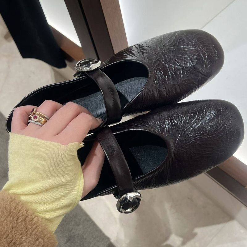 Sheepskin Version ~ Soft Sole Ballet Style Silver Mary Jane For Women Spring One-Strap Flat Commuter Shallow Mouth_voghion.com