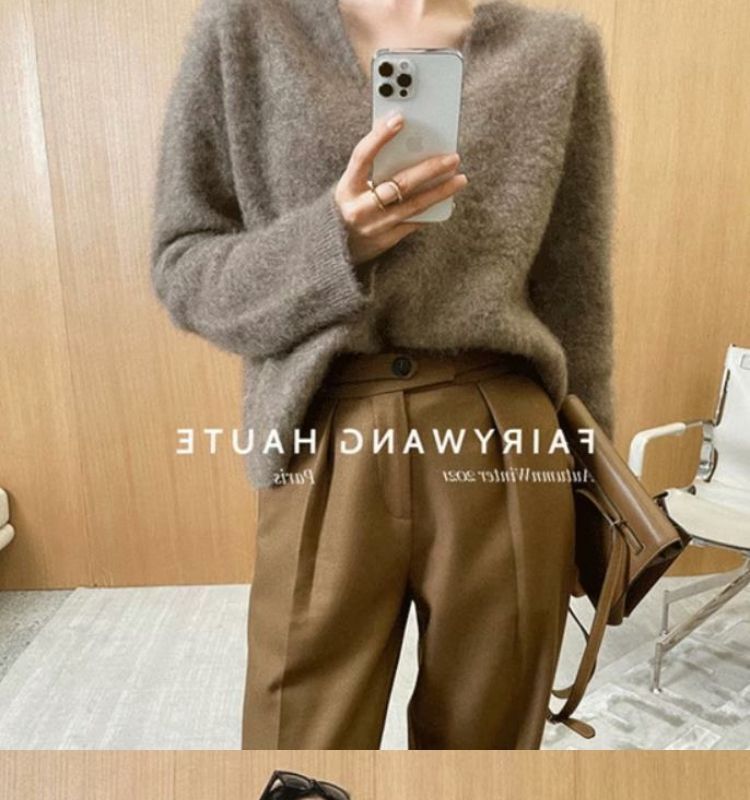 Mädchen-Pullover, weich und flauschig, mit Innenfutter aus Nerzsamt, V-Ausschnitt, gestrickt, für Damen, Herbst/Winter, dick gefüttert, hochwertiger europäischer Stil_voghion.com