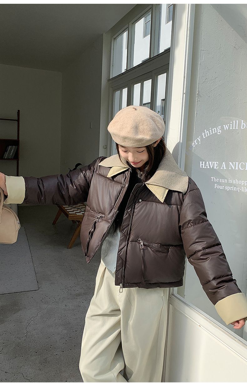 2024 European Knitted Short Down Jacket Women's Winter Fashion Splicing Doll Collar Cotton Coat Trend_voghion.com