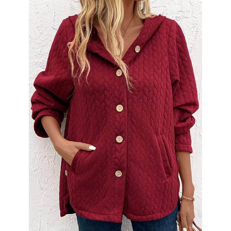 Damenbekleidung Damen einfarbiges Kapuzen-Knopf-Spleißen Langarm-Sweatshirt für Damen_voghion.com
