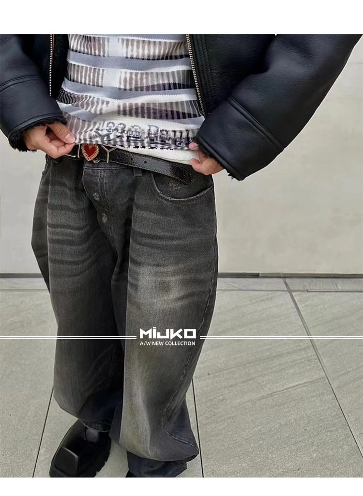 Urban Washed Distressed-broek voor heren en dames LargeBaggy Waxed Glossy Fried Salt Scan Jeans_voghion.com