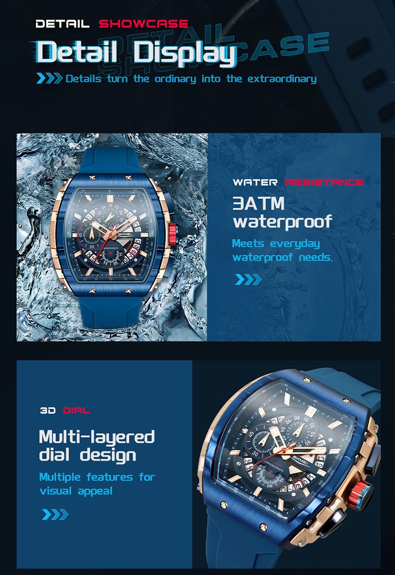 SKMEI New Men's Watch Multi Functional Quartz Movement Rectangular Blue Dial Sports Clock Casual Fashion Silicone Strap Men Watc_voghion.com