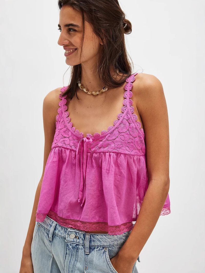 Damenbekleidung im Y2K-Stil mit U-Ausschnitt und Spitzennähten, lockeres Unterhemd für Damen_voghion.com