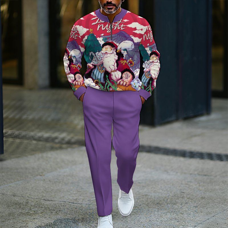 2025 European And American Foreign Trade Christmas Men's Loose And Casual Two-piece Set Contrasting Color Stand-up Collar Zipper Sweater Trousers Set_voghion.com