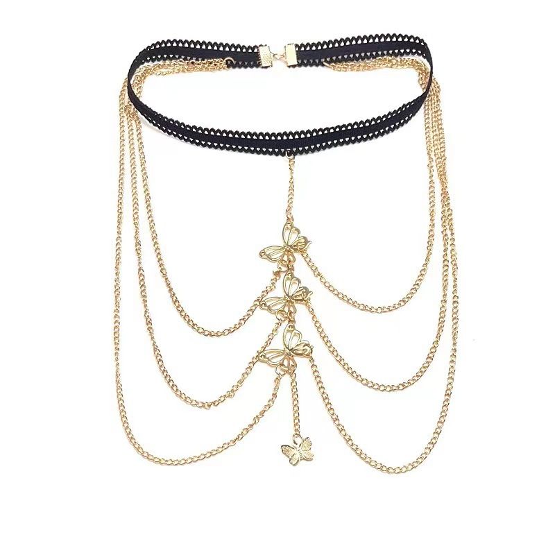 Catena per il corpo a farfalla dorata multistrato in pizzo elastico con personalità sexy esagerata a gamba calda in vendita_voghion.com
