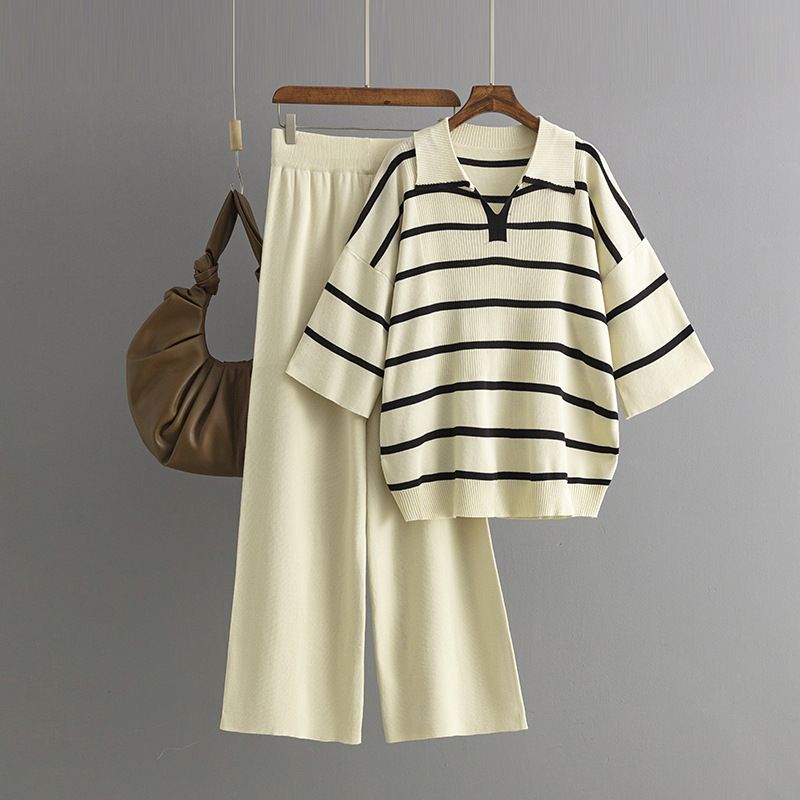 Women's Clothing contrast striped fashion suit new casual loose knitted wide leg pants two piece suit_voghion.com