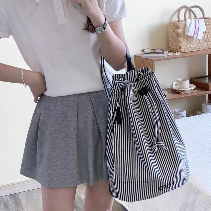 FOFO Striped Sailor For Women Korean Style Niche Desiner Double Shoulder Genuine Leather Drawstrin Crossbody Bucket_voghion.com