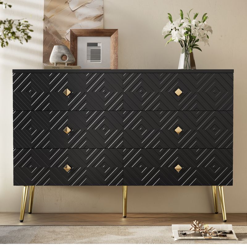 Kommode Schwarz 120x80cm Mit 6 Schubladen, Gold-Akzenten, Metallbeinen_voghion.com