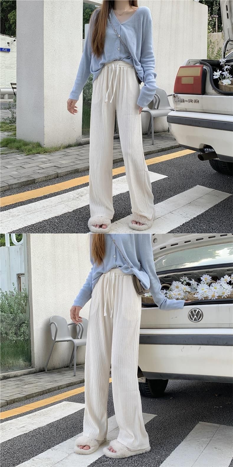 6012 # Pantalon de sol décontracté à taille haute pour femme, texture froissée, jambes larges, automne été_voghion.com