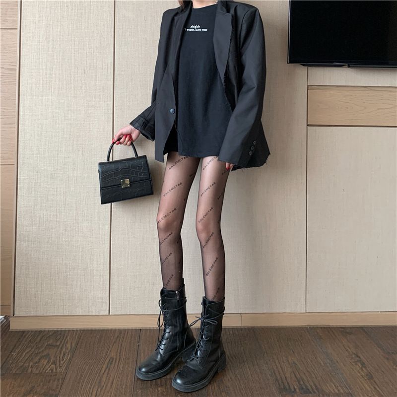 Letter Black Stockings For Women In Spring And Autumn 2022, New Popular Thin Socks, Lace Trendy Ins Jumpsuit Pantyhose_voghion.com