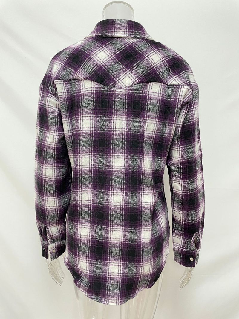 Camicia a quadri da donna nella lunga camicia cardigan con risvolto ampio_voghion.com