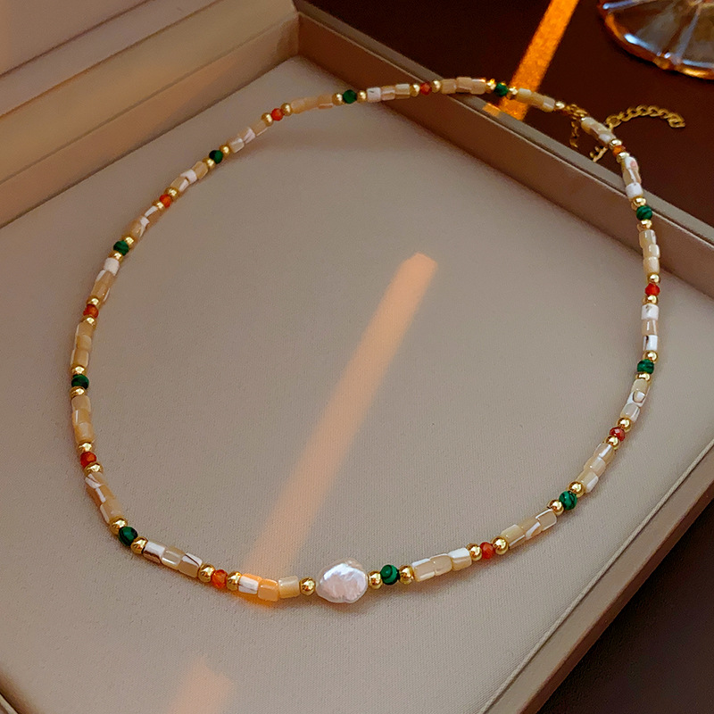 Baroque freshwater pearl colored natural stone necklace with a minimalist temperament, collarbone chain, light luxury,_voghion.com