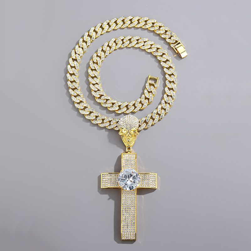 Collana con ciondolo a croce gotica per uomo e donna con strass, ciondolo a forma di teschio in stile hip hop vintage, pezzo audace da indossare tutti i giorni._voghion.com