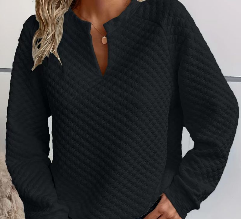 Felpa casual da donna con scollo a V profondo e maniche lunghe, tinta unita, K New_voghion.com