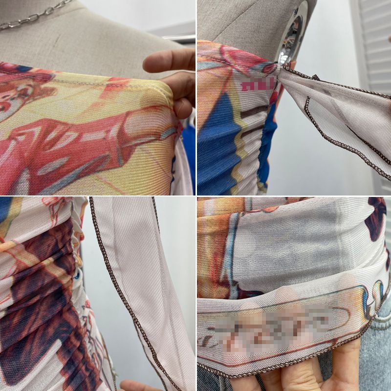 Abbigliamento da donna Real Shot Design, maglietta corta aderente e sottile con lacci, a maniche lunghe e monospalla, in rete stampata_voghion.com