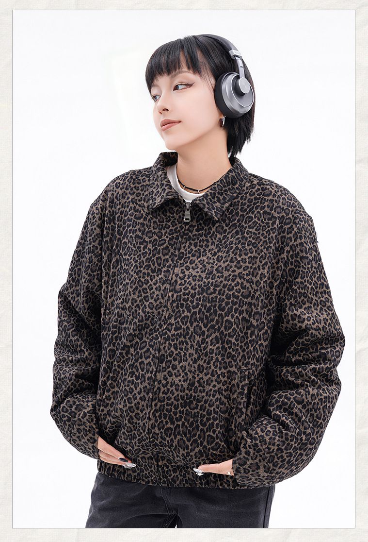 Meeste rõivad retro leopardmustriga lukuga jakk metsik Maillardi pruuni revääriga lahtise paksu jakiga_voghion.com
