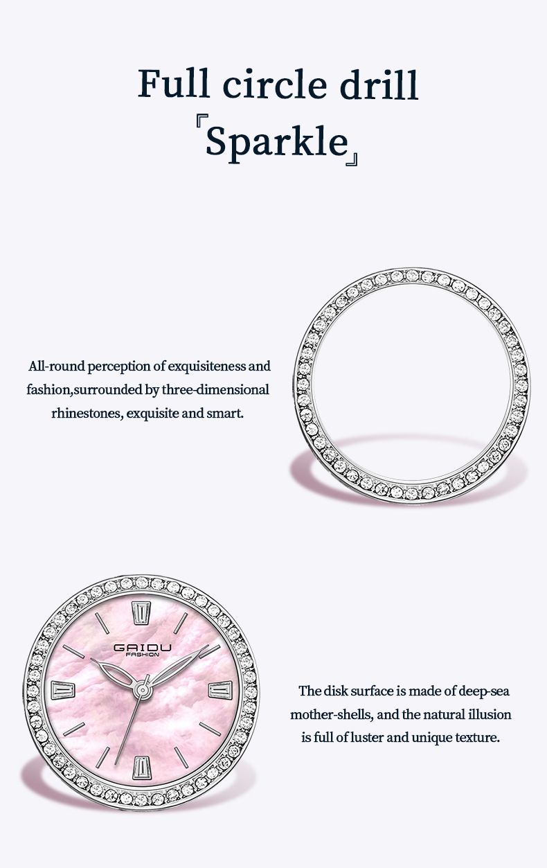 Montre élégante pour femme avec accents de diamants, cadran en nacre, bracelet en acier inoxydable, mouvement à quartz résistant à l'eau._voghion.com