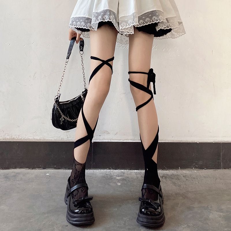 YAHUdie Lace-Up Summer Autumn Thin Lace Hollow Half-Cross Calf Socks Over-the-Knee Black Stockings_voghion.com