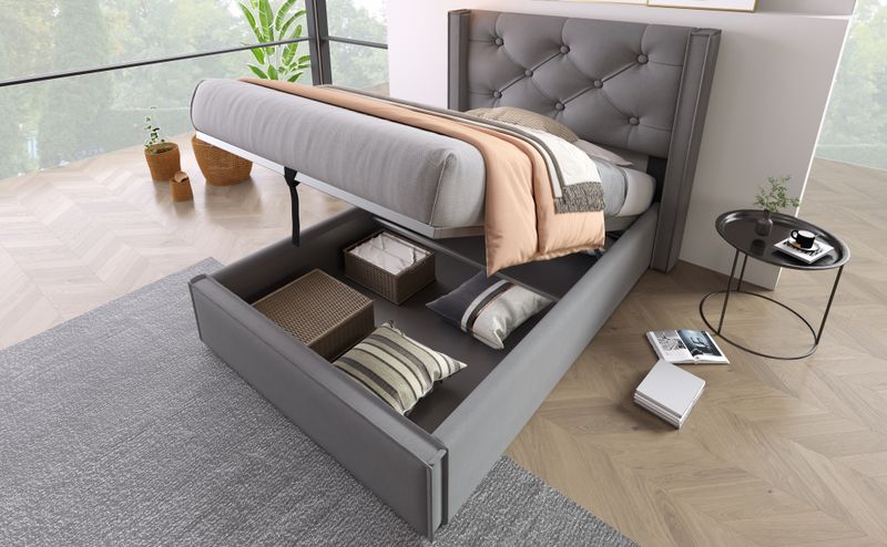 Lit simple avec rangement hydraulique 90 x 200 cm, matelassé avec sommier à lattes métalliques, cadre de lit moderne en coton gris._voghion.com