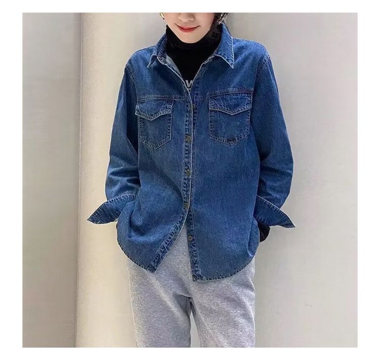 Vintage Jeanshemd im Hong Kong-Stil für Damen – Retro-blaues Oversized-Button-Down-Shirt mit klassischem Kragen, Freizeit- und Bürokleidung_voghion.com