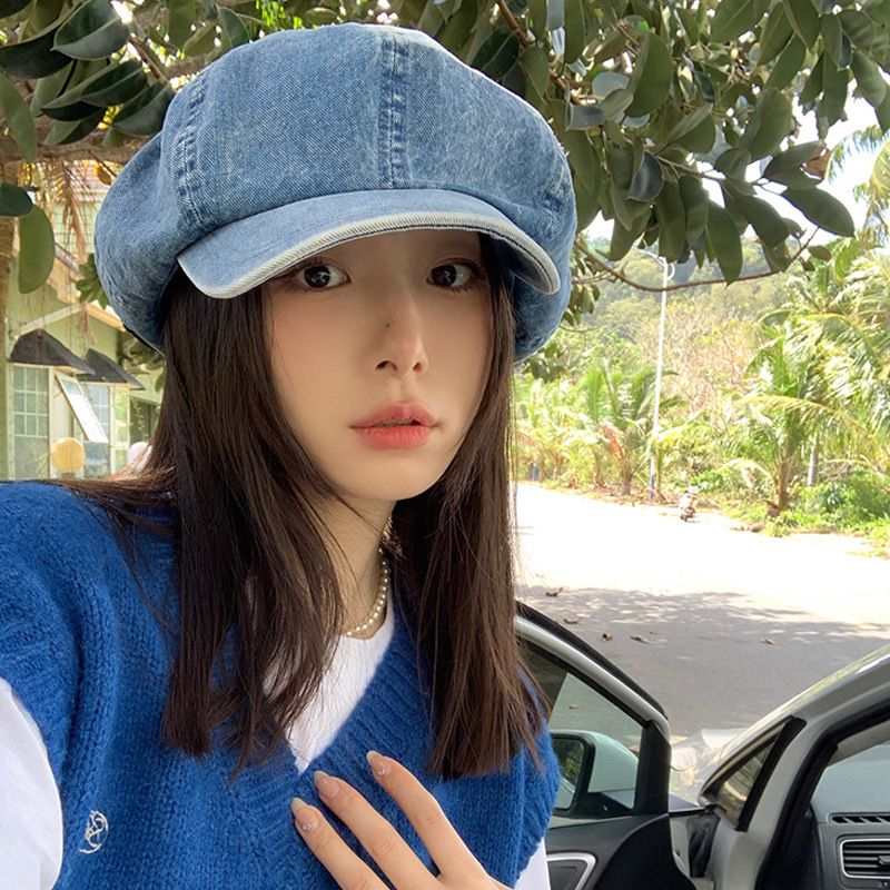 Frühling und Herbst gewaschener Baumwoll-Denim-Damen-Künstler-achteckiger Hut mit großem Kopfumfang und schlankmachendem Gesicht im Baskenmützenstil_voghion.com