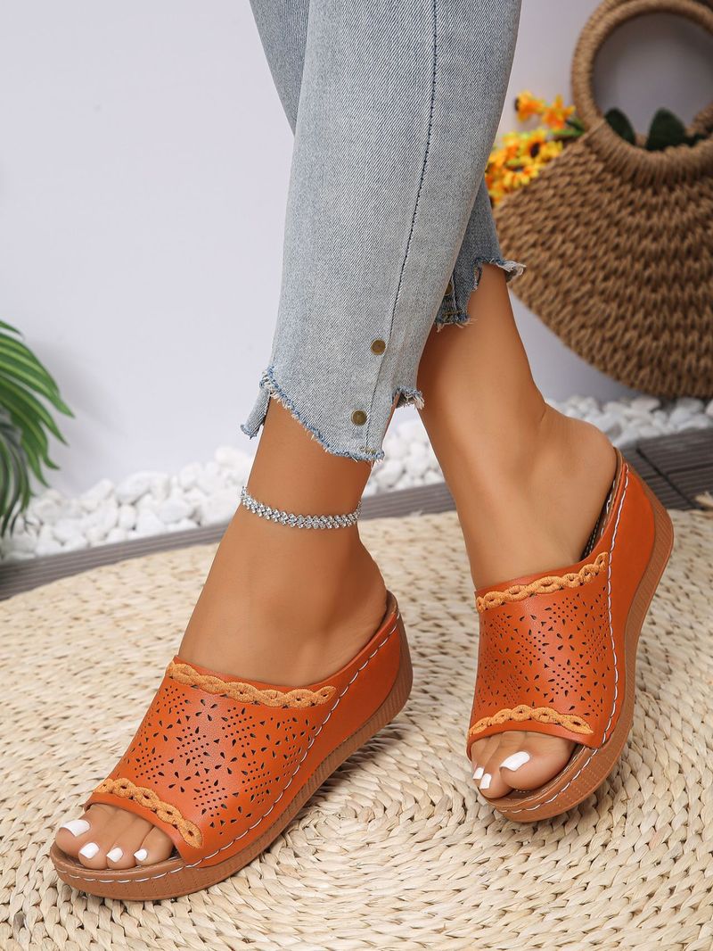 Shoes Wedge Heel Thick Soled Slippers Fish Mouth One Word Strap Hollow Sandals_voghion.com