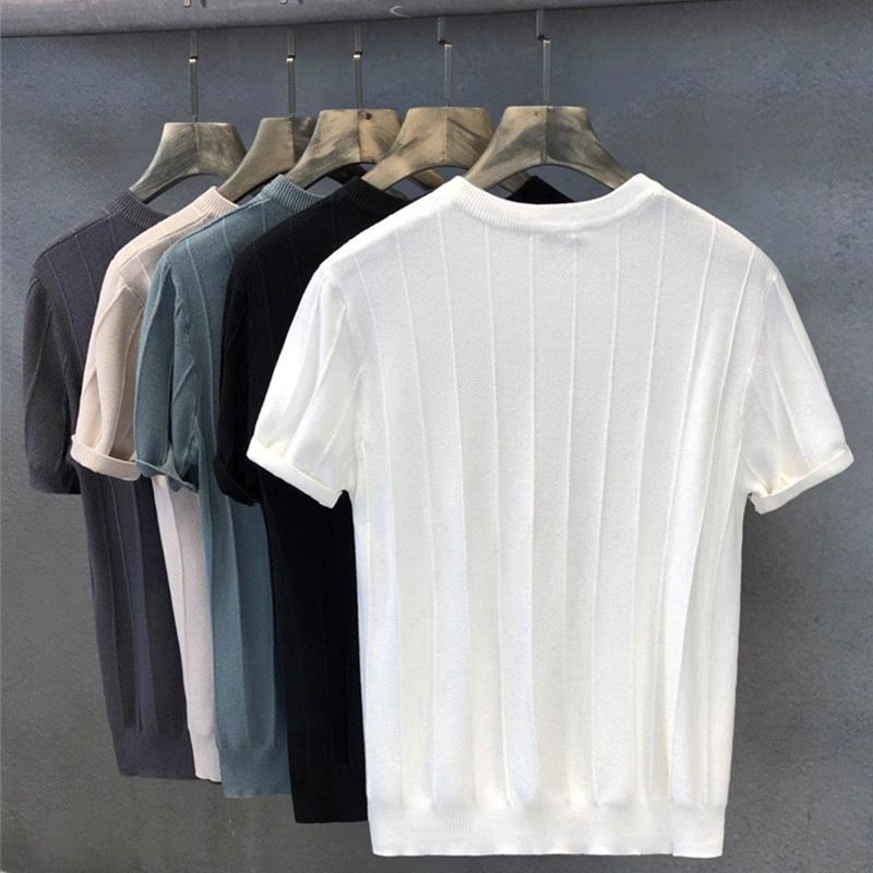 Herrenbekleidung Hochwertiges, einfarbiges T-Shirt aus Eisseide mit Rundhalsausschnitt, kurzärmelig, lässig, halbarm, neues T-Shirt für Männer_voghion.com