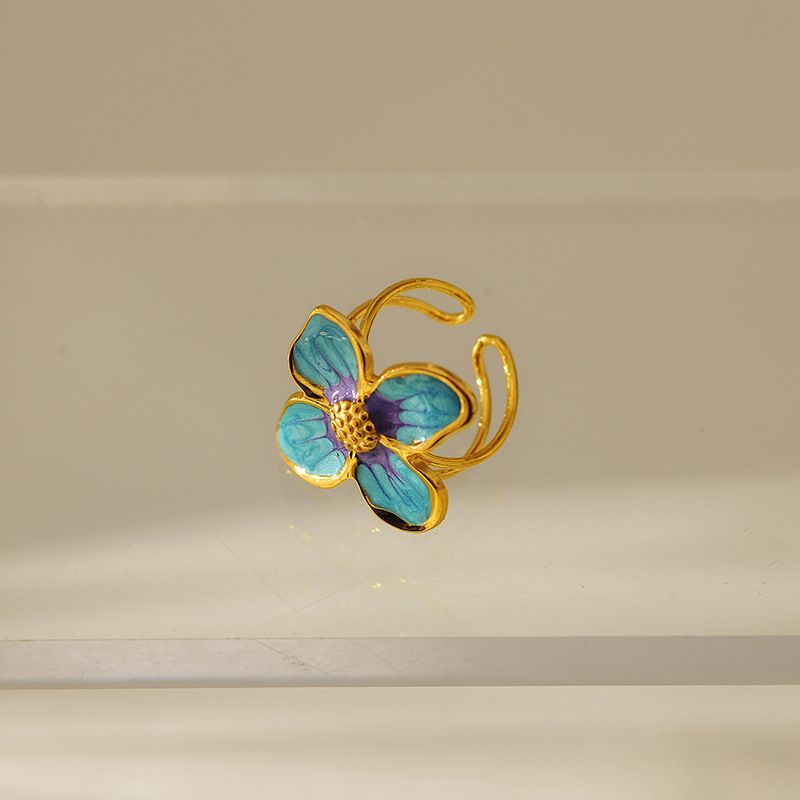Anello blu-viola con fiore di olio che gocciola, anello in acciaio inossidabile placcato oro versatile e alla moda personalizzato_voghion.com