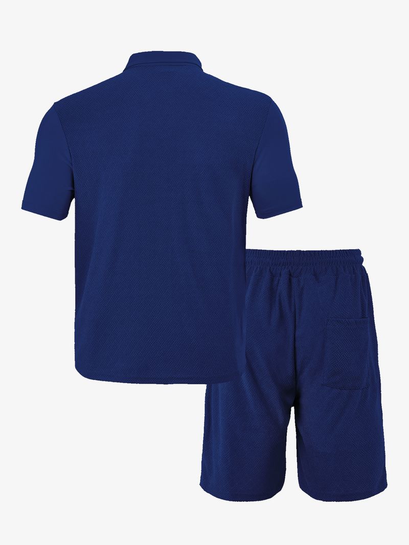 Men's Clothing New Casual Button Solid Color Cross Pattern Towel Jacquard Cloth Short Sleeved Shorts Suit_voghion.com