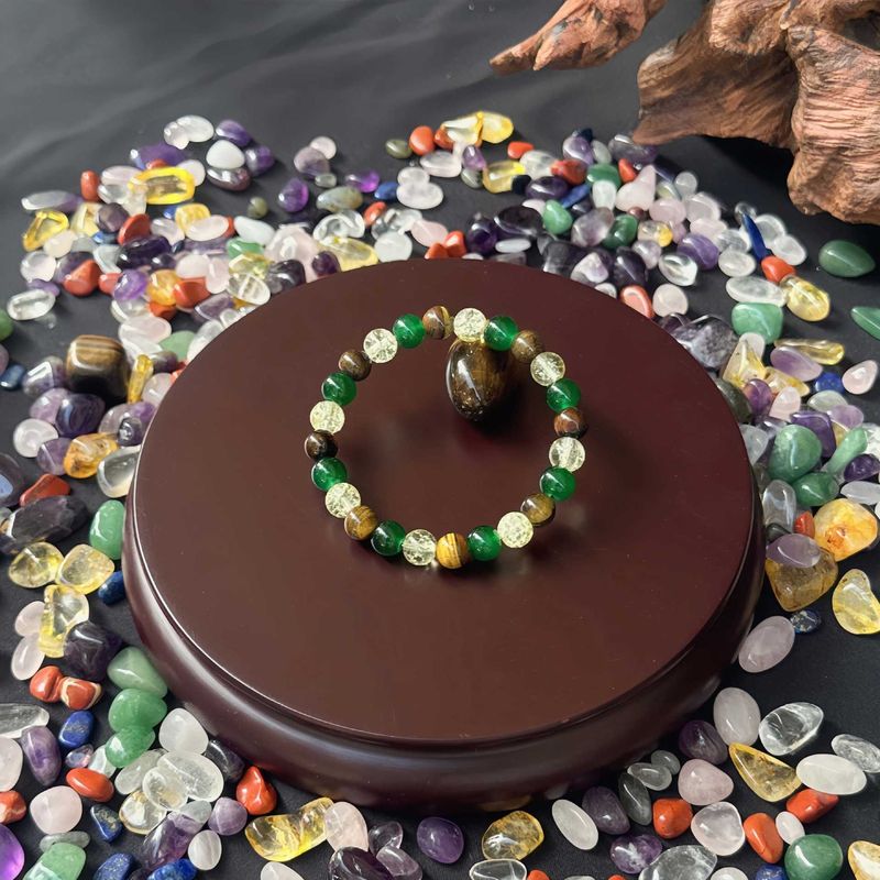 Prosperity Bracelet – Natural Tiger Eye, Green Agate & White Crystal Healing Stone Jewelry, Adjustable Elastic String_voghion.com