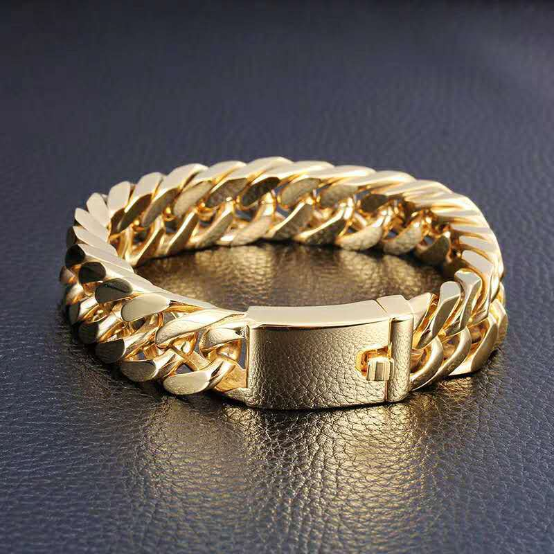Moda Masculina Banhado A Ouro 10mm Pulseira Liga Dupla Fivela Pulseira Atmosférica Moderna_voghion.com