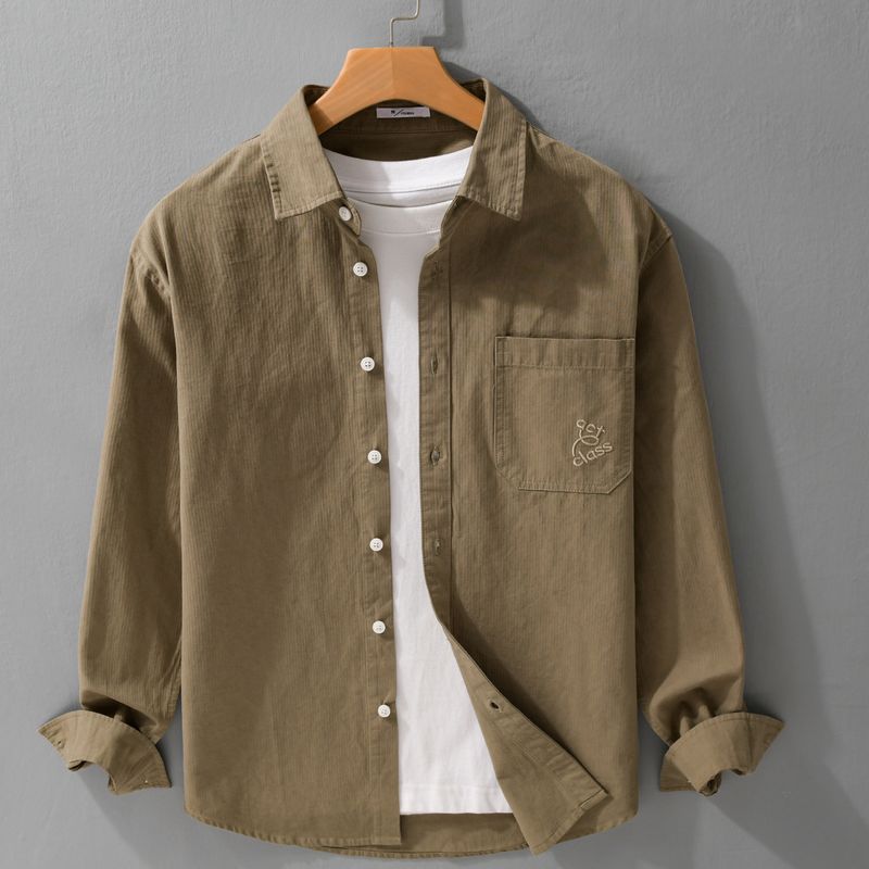 Camicia da uomo ampia a maniche lunghe con risvolto, ricamo casual retrò, popolare top da uomo in puro cotone_voghion.com