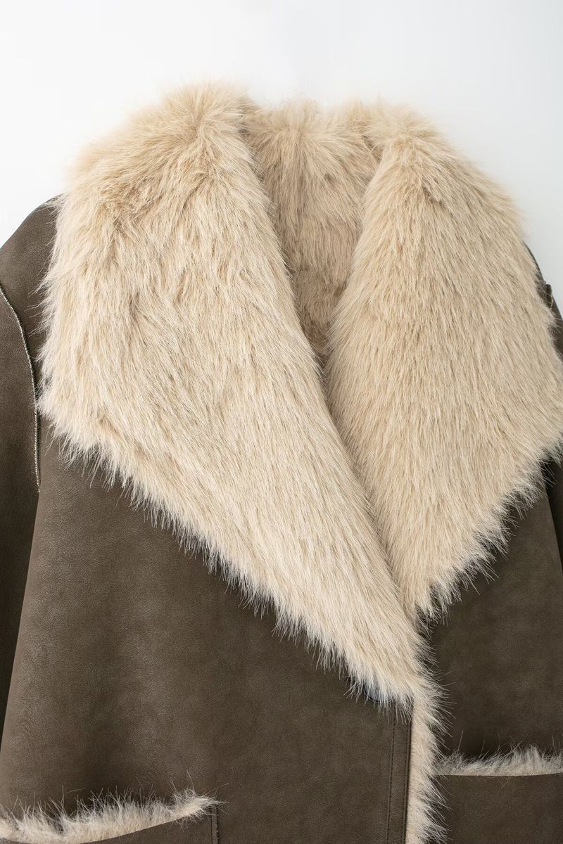 Cappotto lungo reversibile con collo in pelliccia sintetica - Giacca invernale double-face da donna, capospalla street style, marrone, XS/S/M/L_voghion.com