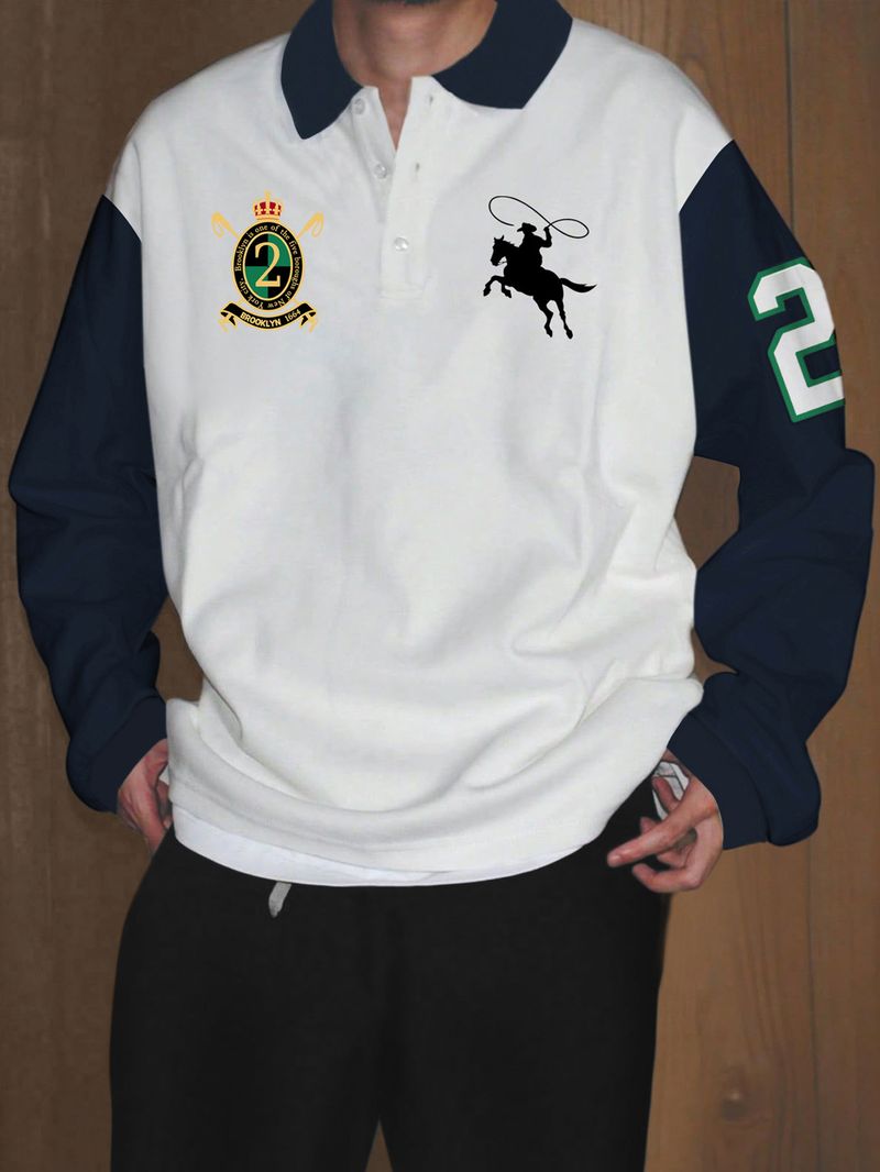 Herrenbekleidung Poloshirts Lässig Bedrucktes Revers Langarm-Poloshirts Herren_voghion.com