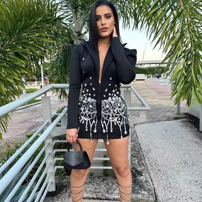 Elegante abito da ballo con frange di strass – Abito da sera e da spettacolo (S/M/L/XL, nero/rosso)_voghion.com