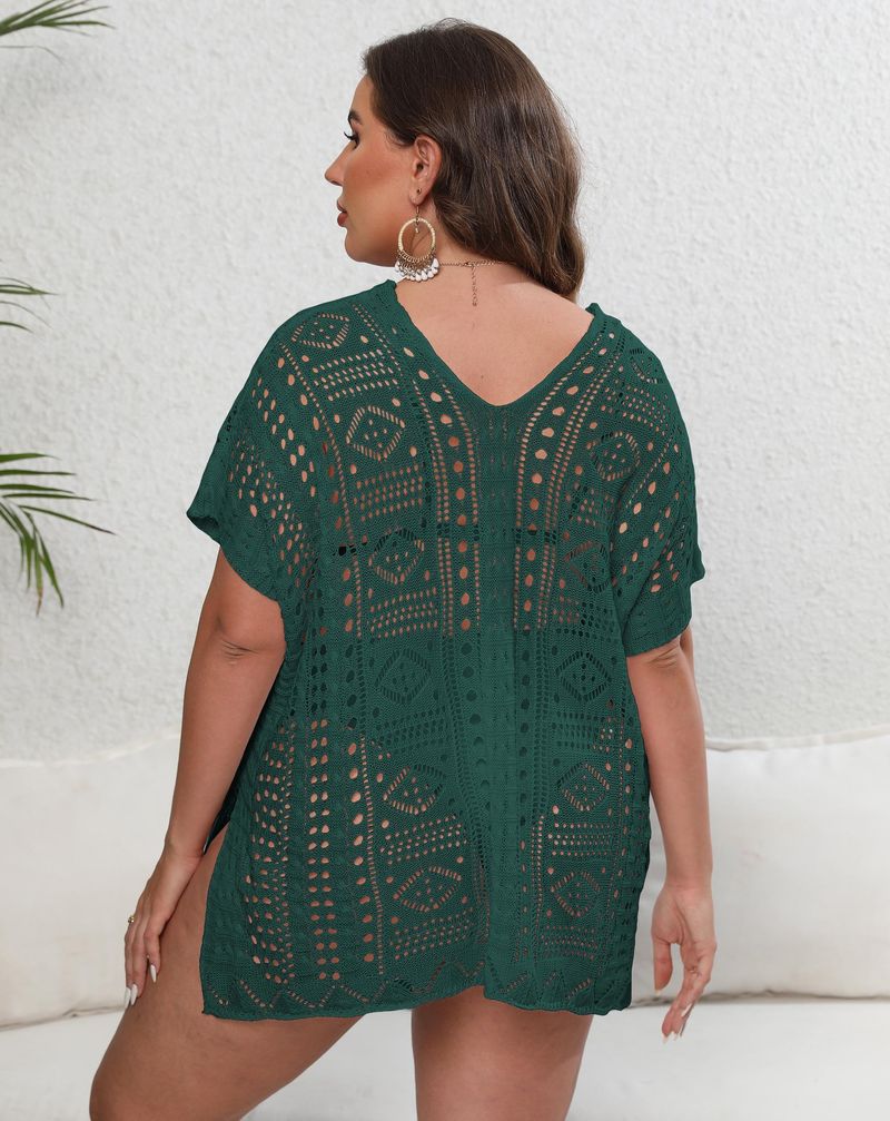 Women's bikini cover-up large size women's woven shirt hollow deep V beach dress_voghion.com
