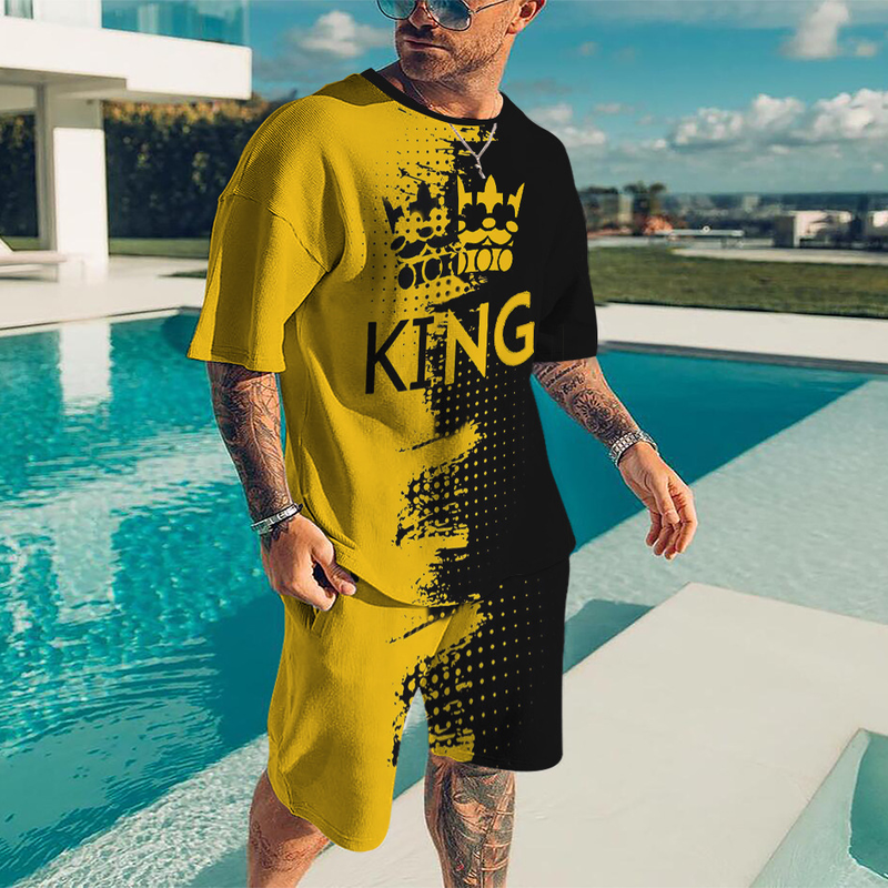 Heren zomer shorts losse casual korte mouwen met kleur blokkering KING bedrukt T-shirt set_voghion.com