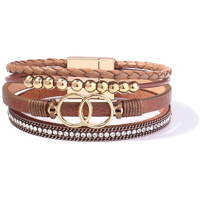 Handgefertigtes Lederarmband für Damen – Doppelter Magnetverschluss mit Strass-Akzenten (Boho-Stil, verstellbar)_voghion.com