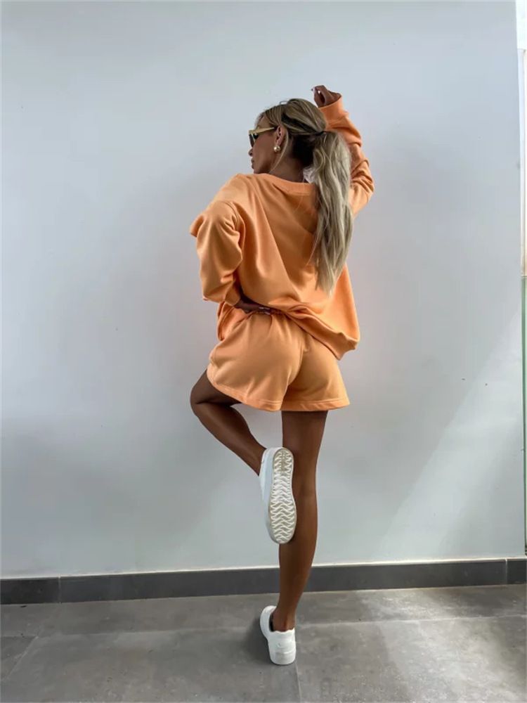 Ensemble 2 pièces décontracté à rayures pour femme, haut ample à manches longues et col en V, short de sport_voghion.com