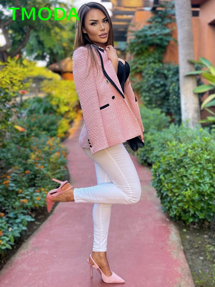 T MODA Dámské elegantní růžové texturované dvouřadé tvídové sako s dlouhým rukávem a kapsami, kabáty, dámská móda, streetwear topy_voghion.com
