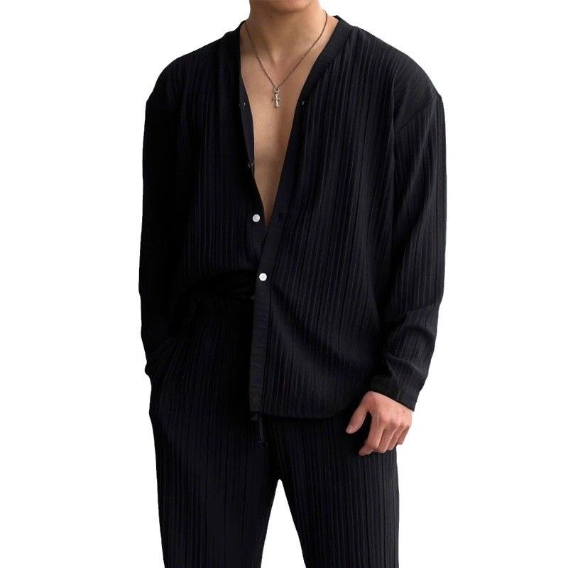 Cárdigan de punto con escote en V profundo, sexy, de color sólido fino para hombre, conjunto informal de dos piezas a la moda para hombre_voghion.com