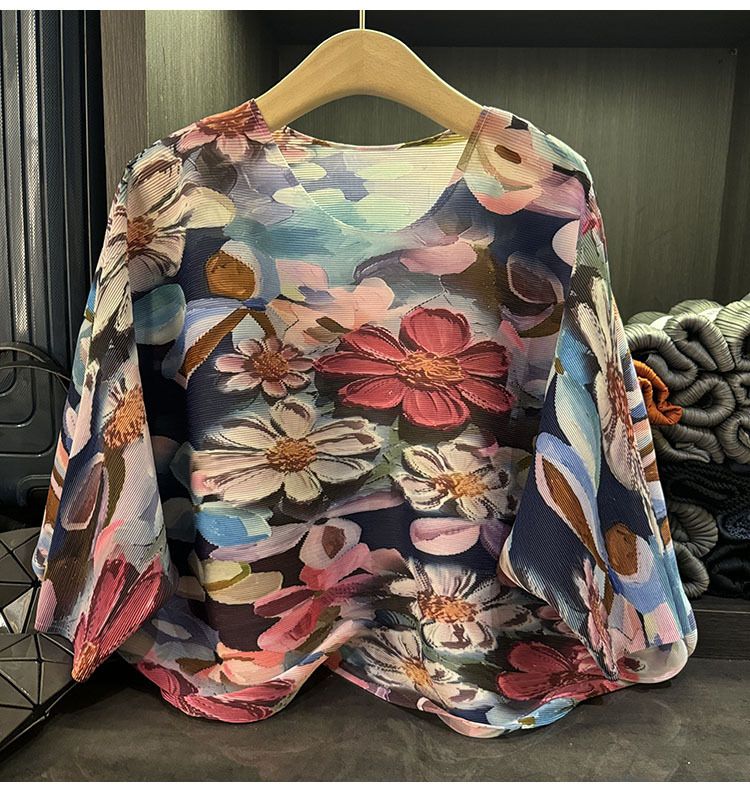 Abbigliamento da donna, top a pieghe larghe e stampate di alta moda, per donne in autunno, nuova maglietta a maniche a pipistrello con scollo rotondo per il pendolarismo_voghion.com