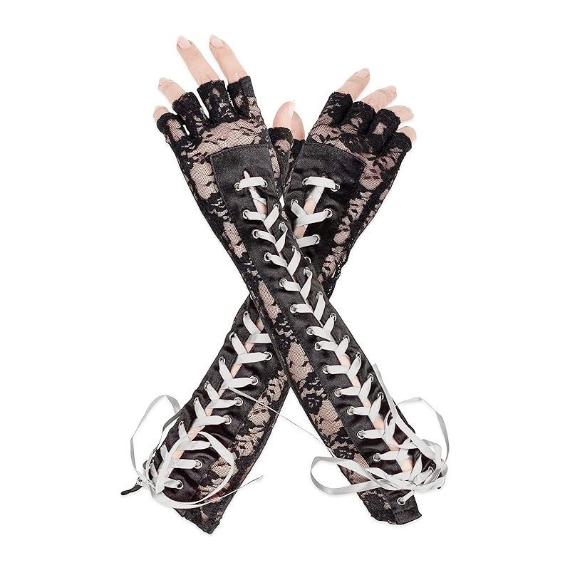 Guantes largos de encaje transpirables con correa de hebilla y costuras huecas para verano, de medio dedo y protección solar_voghion.com