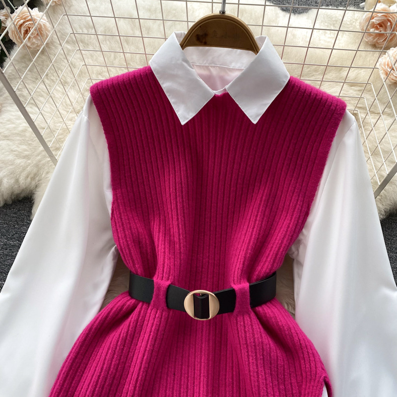 Set de două piese pentru femei, cămașă albă cu mâneci lungi și vestă din tricot despicat_voghion.com