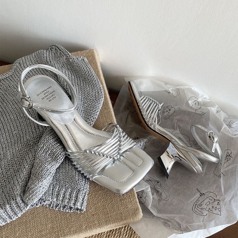 ~Diseño de nicho francés, punta cuadrada tejida expuesta, tira recta, tacón grueso, tacones altos, sandalias romanas, verano para mujer_voghion.com