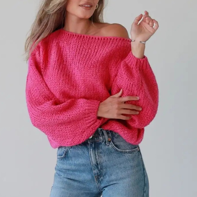 Women's autumn and winter new women's sexy one-line collar off-shoulder solid color loose knitted pullover sweater_voghion.com