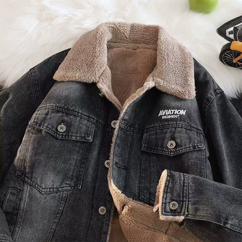 Herren-Winterjeansjacke – Verdickter High Street Fashion Loose Fit Freizeitmantel für Männer (Graues Fleecefutter, M-4XL)_voghion.com