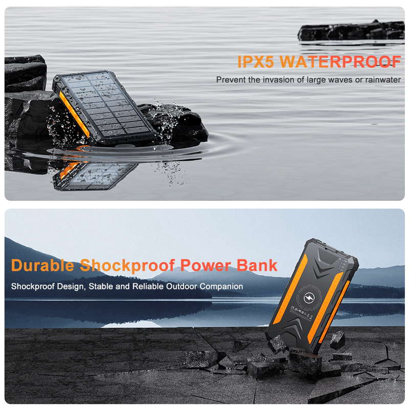 Power Bank Wireless Charger 20000mAh Fast Charging Power Bank For All Mobile Devices, Solar Portable Charger With Dual Flashlights, Carabiner_voghion.com