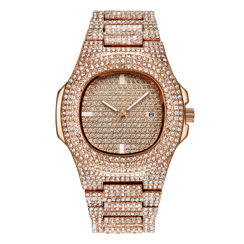 Herrenuhr mit Diamanten im Hip-Shop-Design, Legierungsband und Datumsanzeige_voghion.com